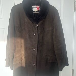 Women's Brown Suede Coat with Black Fur Collar